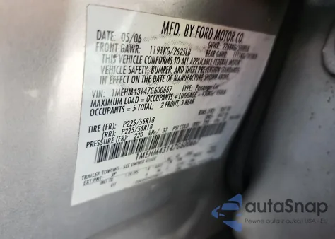 2007 Mercury Montego Premier from USA, damaged, VIN 1MEHM43147G600667